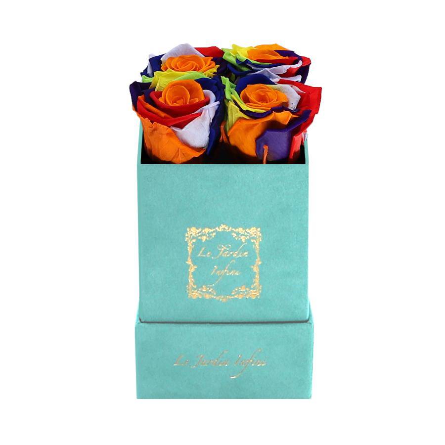 Rainbow Preserved Roses - Luxury Small Square Turquoise Suede Box