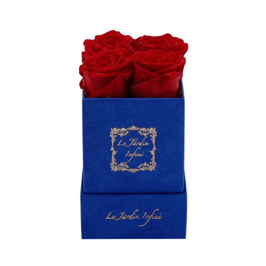 Red Preserved Roses - Luxury Small Square Blue Suede Box