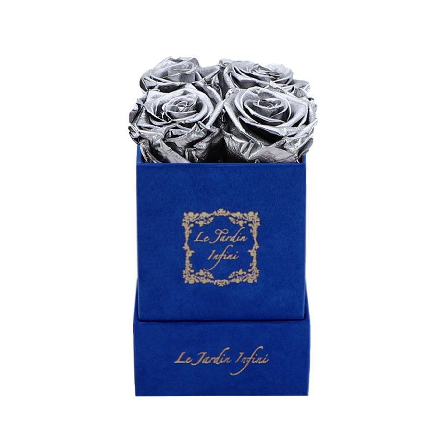 Silver Preserved Roses - Luxury Small Square Blue Suede Box