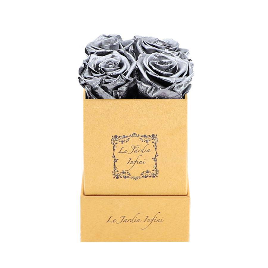Silver Preserved Roses - Luxury Small Square Gold Suede Box