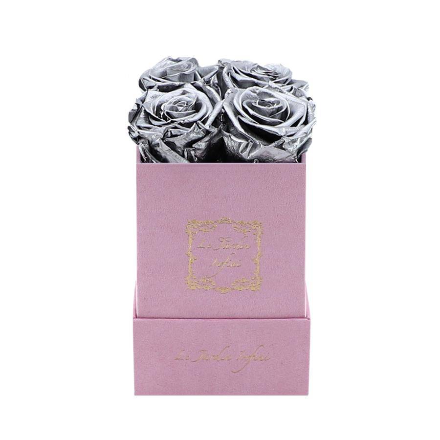 Silver Preserved Roses - Luxury Small Square Pink Suede Box - Le Jardin Infini Roses in a Box