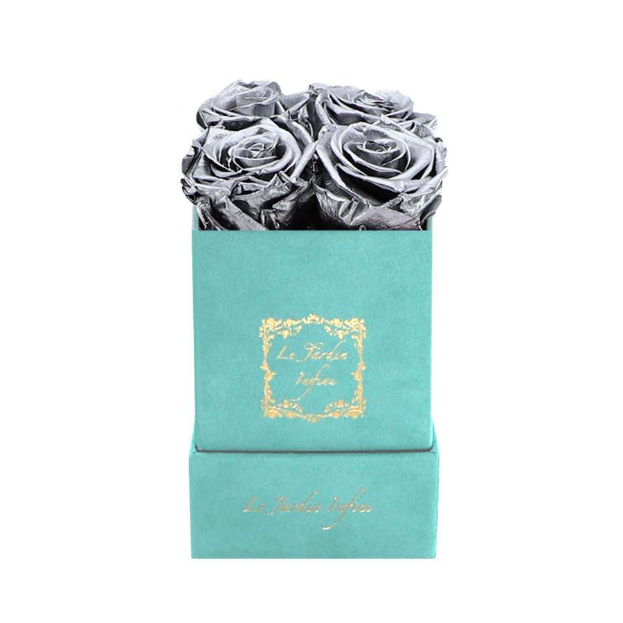Silver Preserved Roses - Luxury Small Square Turquoise Suede Box