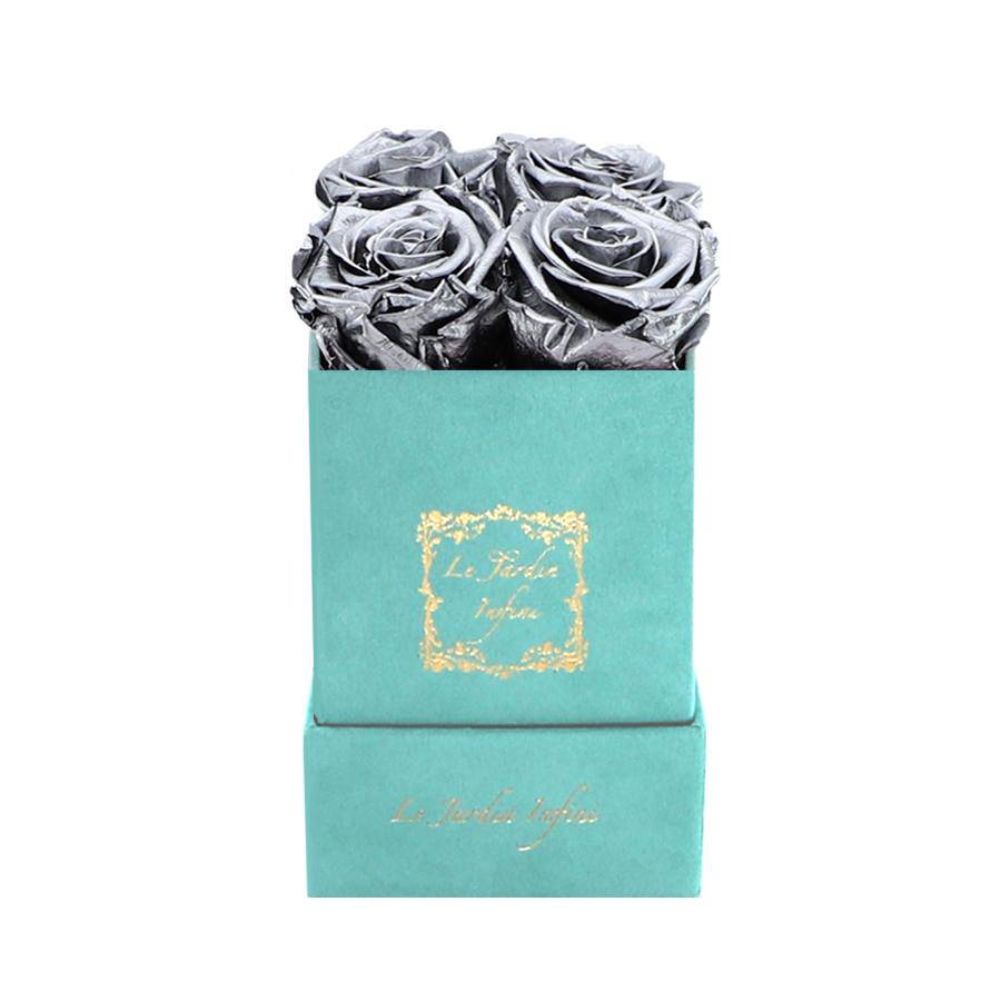 Silver Preserved Roses - Luxury Small Square Turquoise Suede Box - Le Jardin Infini Roses in a Box