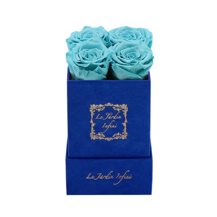 Turquoise Preserved Roses - Luxury Small Square Blue Suede Box