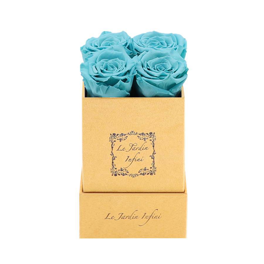 Turquoise Preserved Roses - Luxury Small Square Gold Suede Box - Le Jardin Infini Roses in a Box