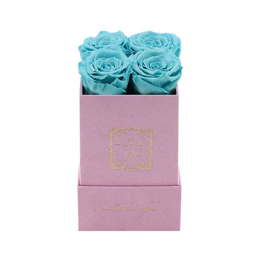 Turquoise Preserved Roses - Small Square Pink Suede Box - Le Jardin Infini Roses in a Box