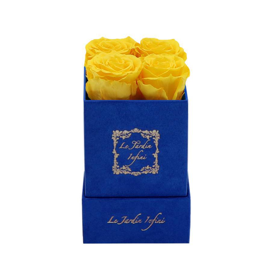 Warm Yellow Preserved Roses - Luxury Small Square Blue Suede Box