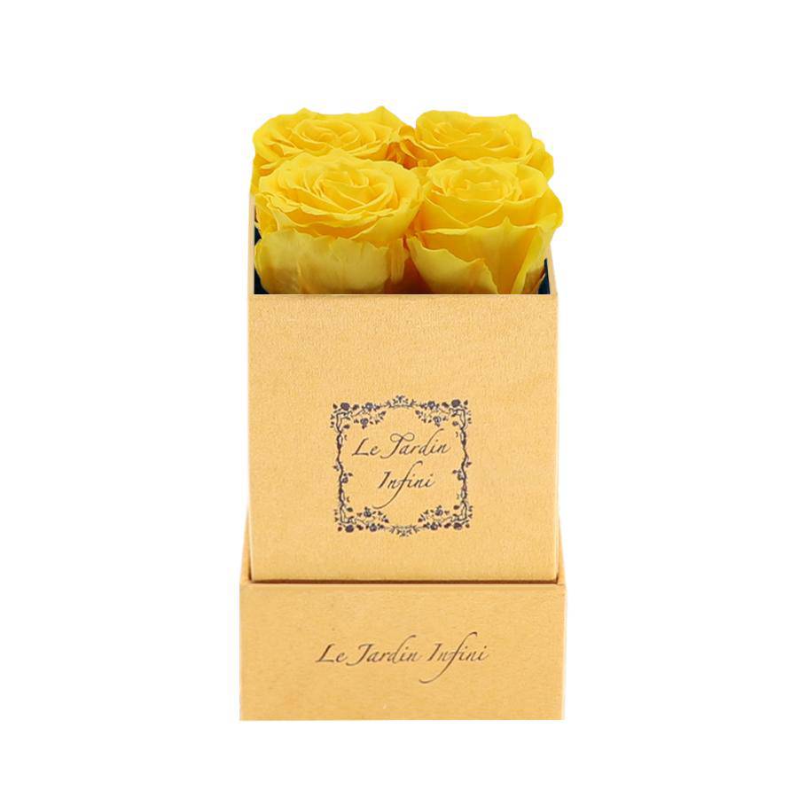 Warm Yellow Preserved Roses - Luxury Small Square Gold Suede Box