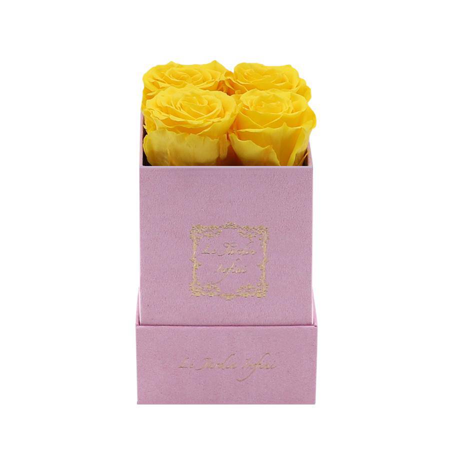 Warm Yellow Preserved Roses - Luxury Small Square Pink Suede Box - Le Jardin Infini Roses in a Box