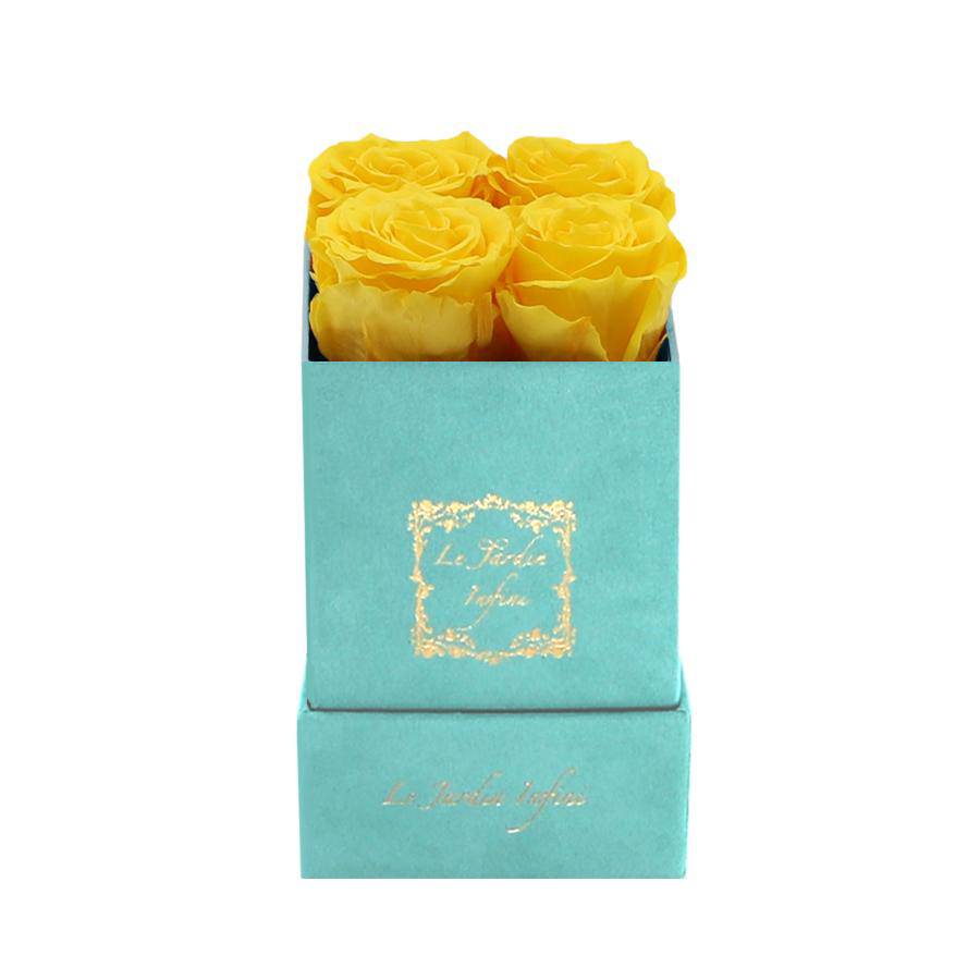 Warm Yellow Preserved Roses - Luxury Small Square Turquoise Suede Box