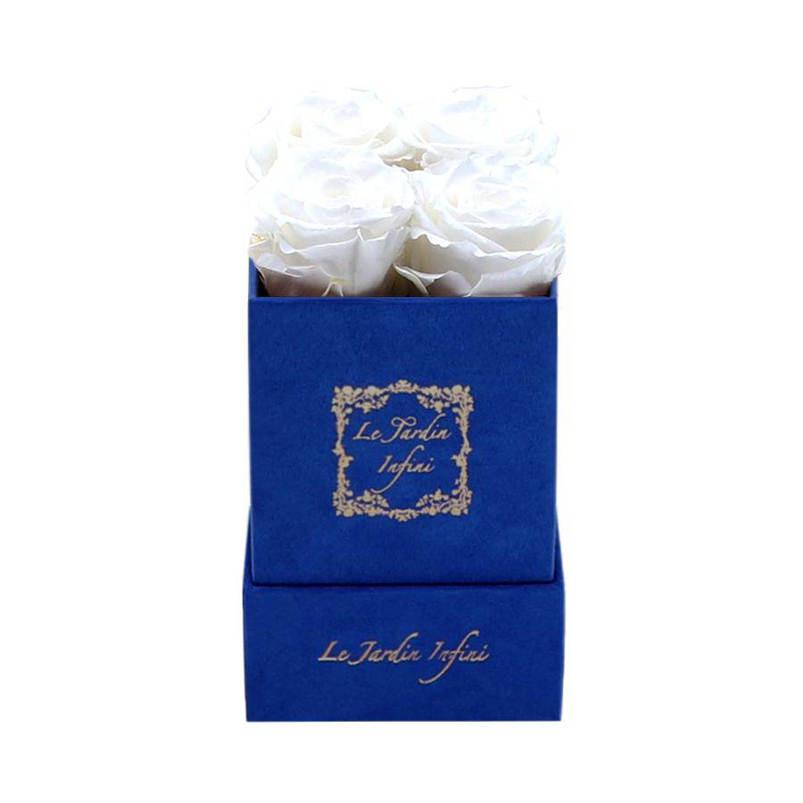 White Preserved Roses - Luxury Small Square Blue Suede Box