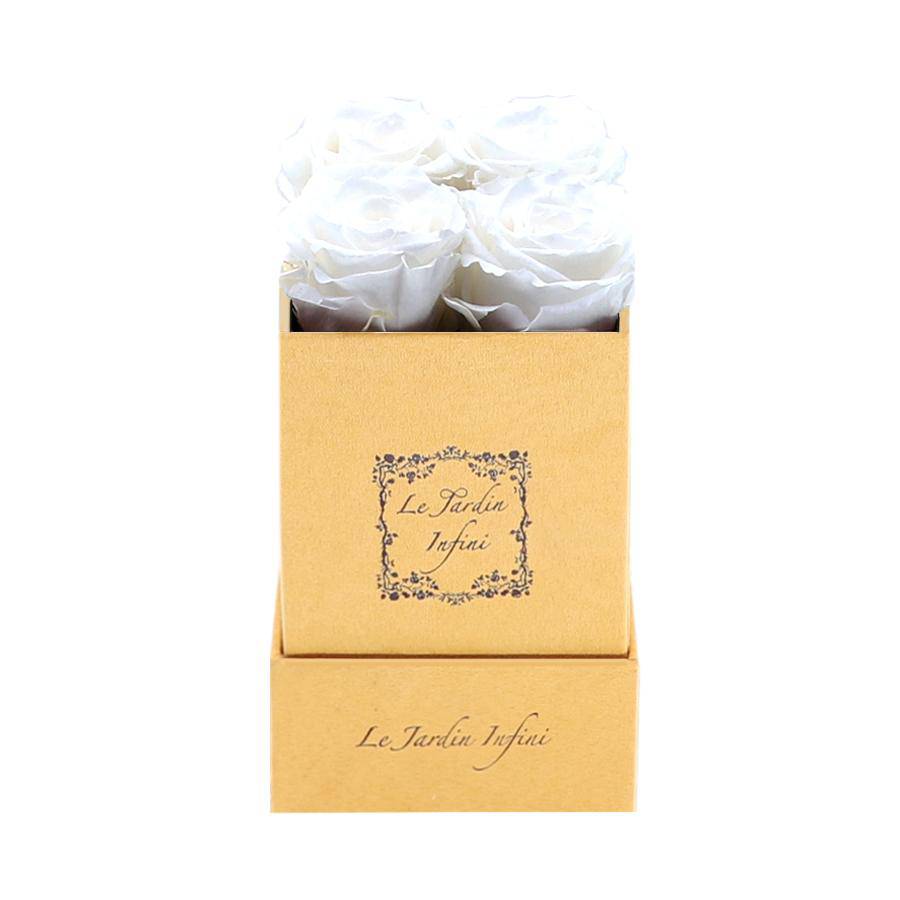White Preserved Roses - Luxury Small Square Gold Suede Box