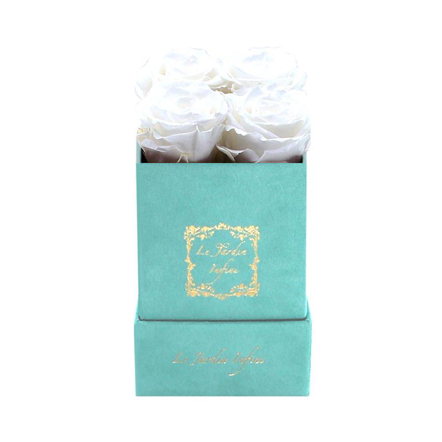 White Preserved Roses - Luxury Small Square Turquoise Suede Box - Le Jardin Infini Roses in a Box