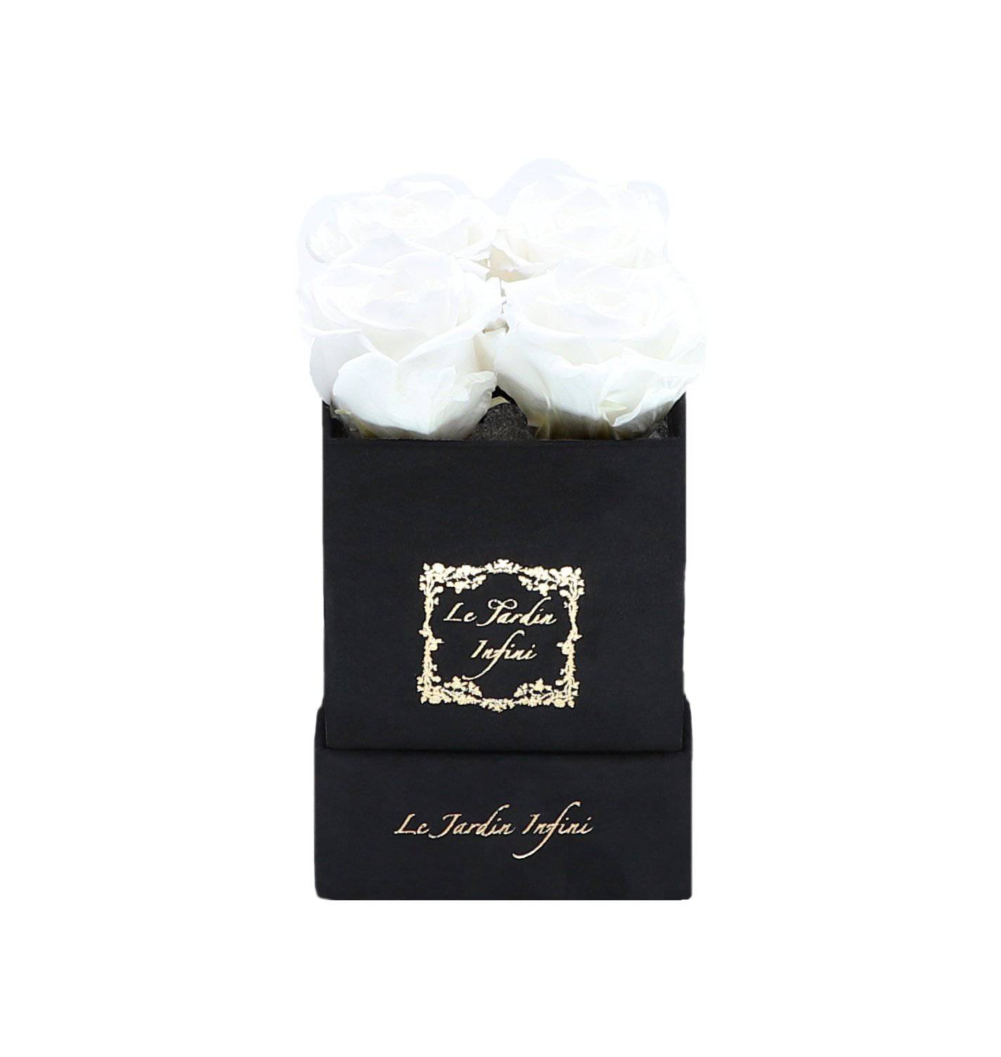 White Preserved Roses - Small Square Black Suede Box