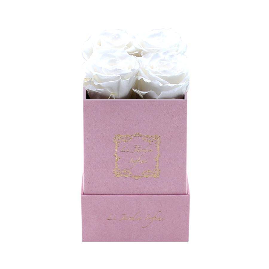White Preserved Roses - Small Square Pink Suede Box