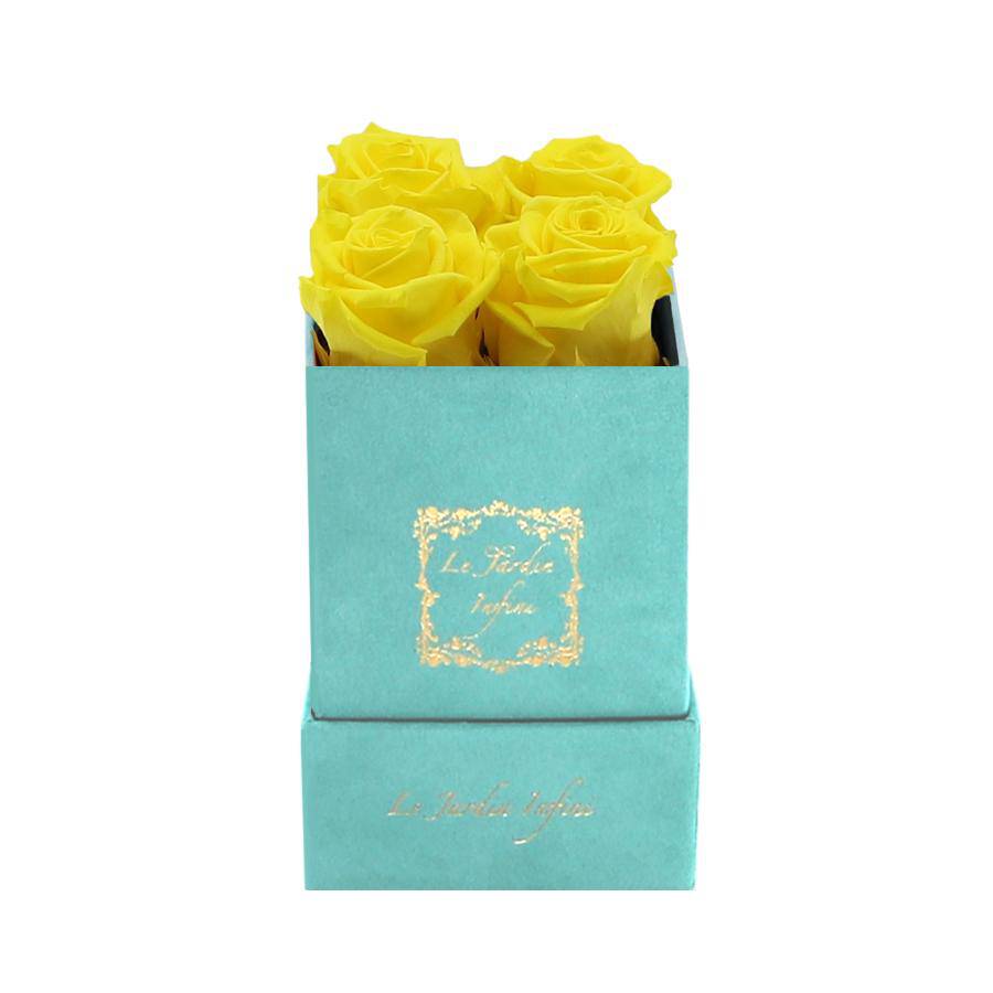 Yellow Preserved Roses - Luxury Small Square Turquoise Suede Box