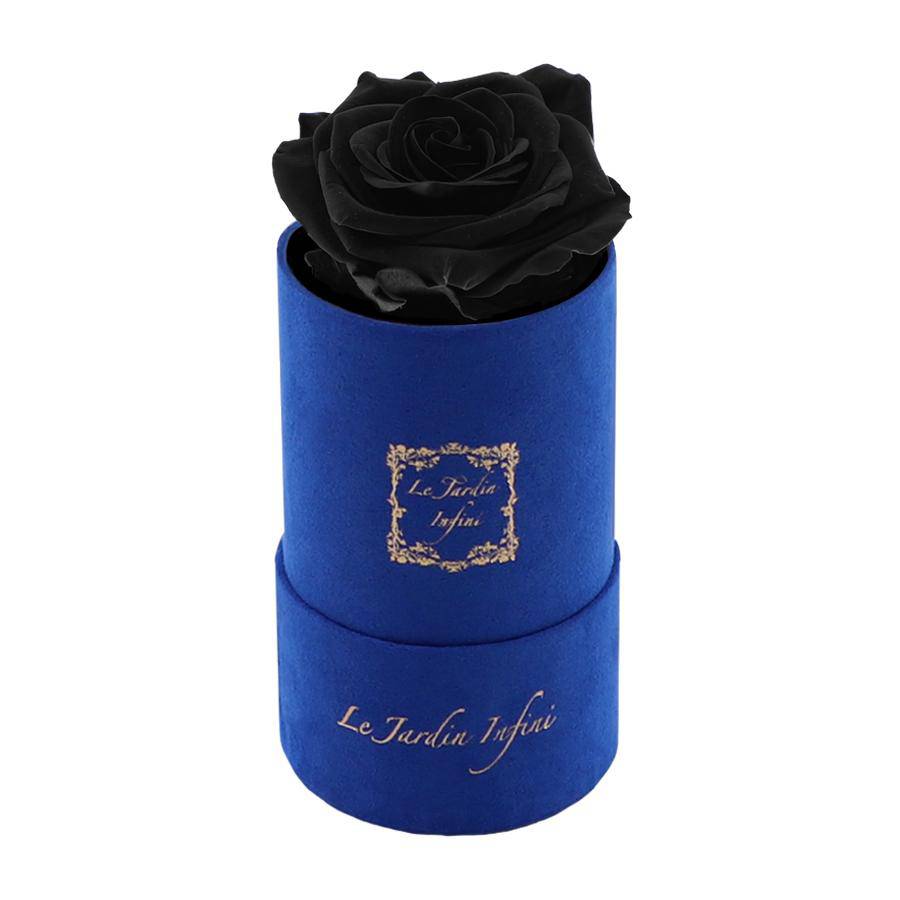 Single Black Preserved Rose - Luxury Small Round Blue Suede Box