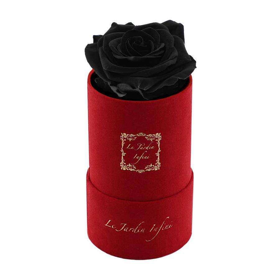 Single Black Preserved Rose - Luxury Small Round Red Suede Box