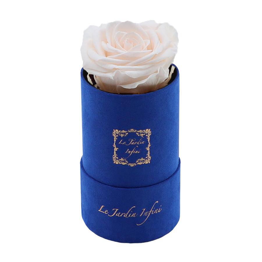 Single Light Champagne Preserved Rose - Luxury Small Round Blue Suede Box - Le Jardin Infini Roses in a Box
