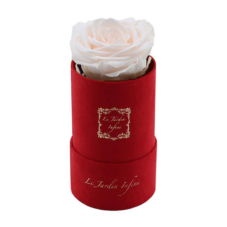 Single Light Champagne Preserved Rose - Luxury Small Round Red Suede Box - Le Jardin Infini Roses in a Box