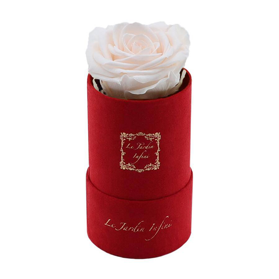 Single Light Champagne Preserved Rose - Luxury Small Round Red Suede Box - Le Jardin Infini Roses in a Box