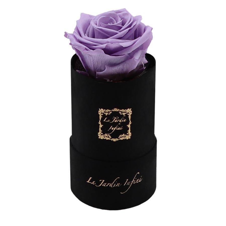 Single Lilac Preserved Rose - Luxury Small Round Black Suede Box - Le Jardin Infini Roses in a Box