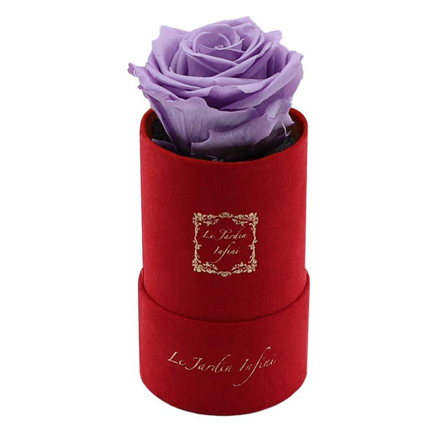 Single Lilac Preserved Rose - Luxury Small Round Red Suede Box - Le Jardin Infini Roses in a Box