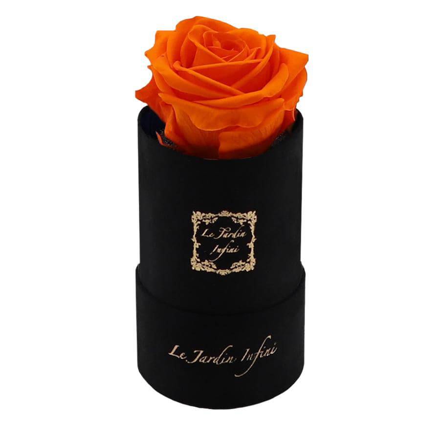 Single Orange Preserved Rose - Luxury Small Round Black Suede Box - Le Jardin Infini Roses in a Box