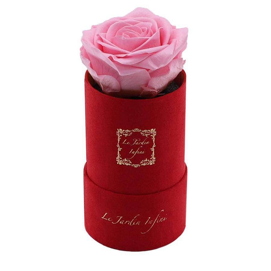 Single Pink Preserved Rose - Luxury Small Round Red Suede Box