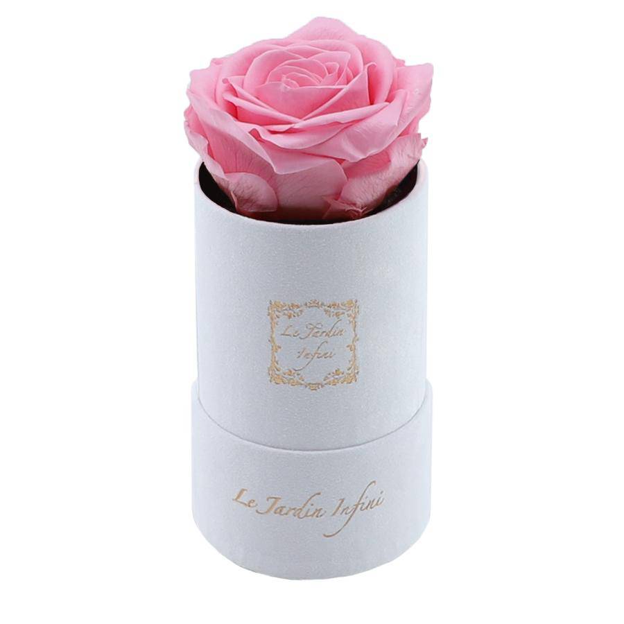 Single Pink Preserved Rose - Luxury Small Round White Suede Box - Le Jardin Infini Roses in a Box
