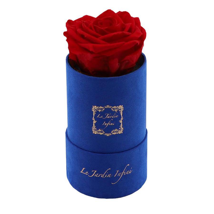 Single Red Preserved Rose - Luxury Small Round Blue Suede Box
