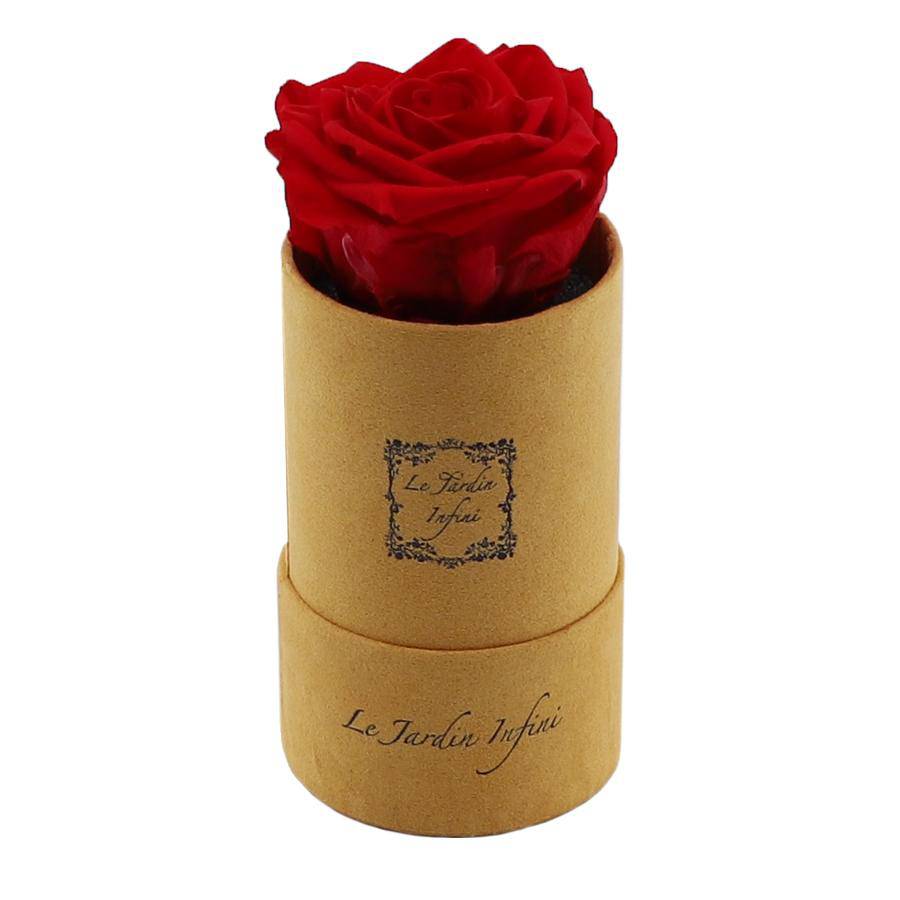 Single Red Preserved Rose - Luxury Small Round Gold Suede Box - Le Jardin Infini Roses in a Box