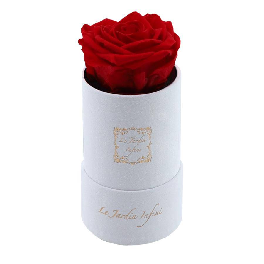 Single Red Preserved Rose - Luxury Small Round White Suede Box
