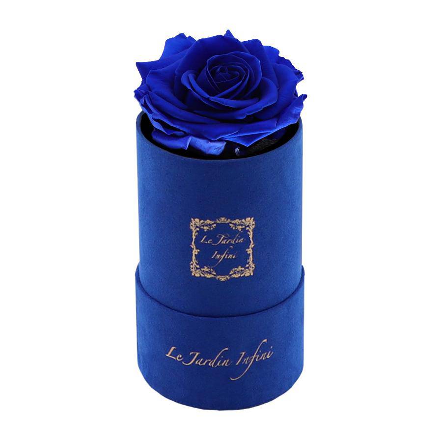 Single Royal Blue Preserved Rose - Luxury Small Round Blue Suede Box