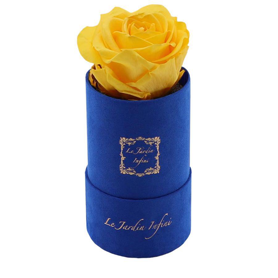 Single Warm Yellow Preserved Rose - Luxury Small Round Blue Suede Box - Le Jardin Infini Roses in a Box