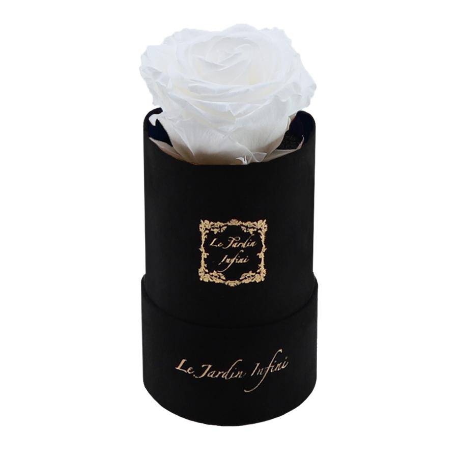 Single White Preserved Rose - Luxury Small Round Black Suede Box - Le Jardin Infini Roses in a Box