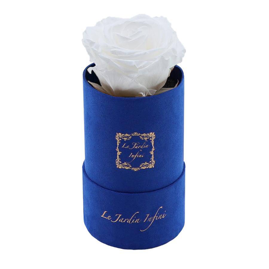 Single White Preserved Rose - Luxury Small Round Blue Suede Box