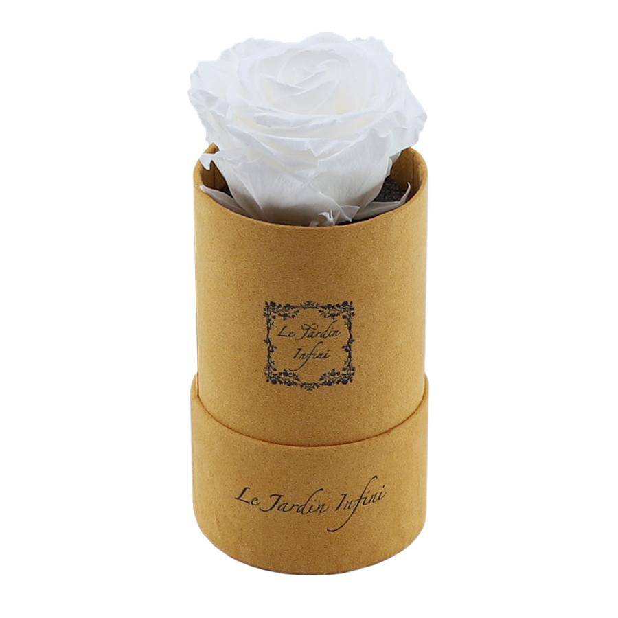 Single White Preserved Rose - Luxury Small Round Gold Suede Box