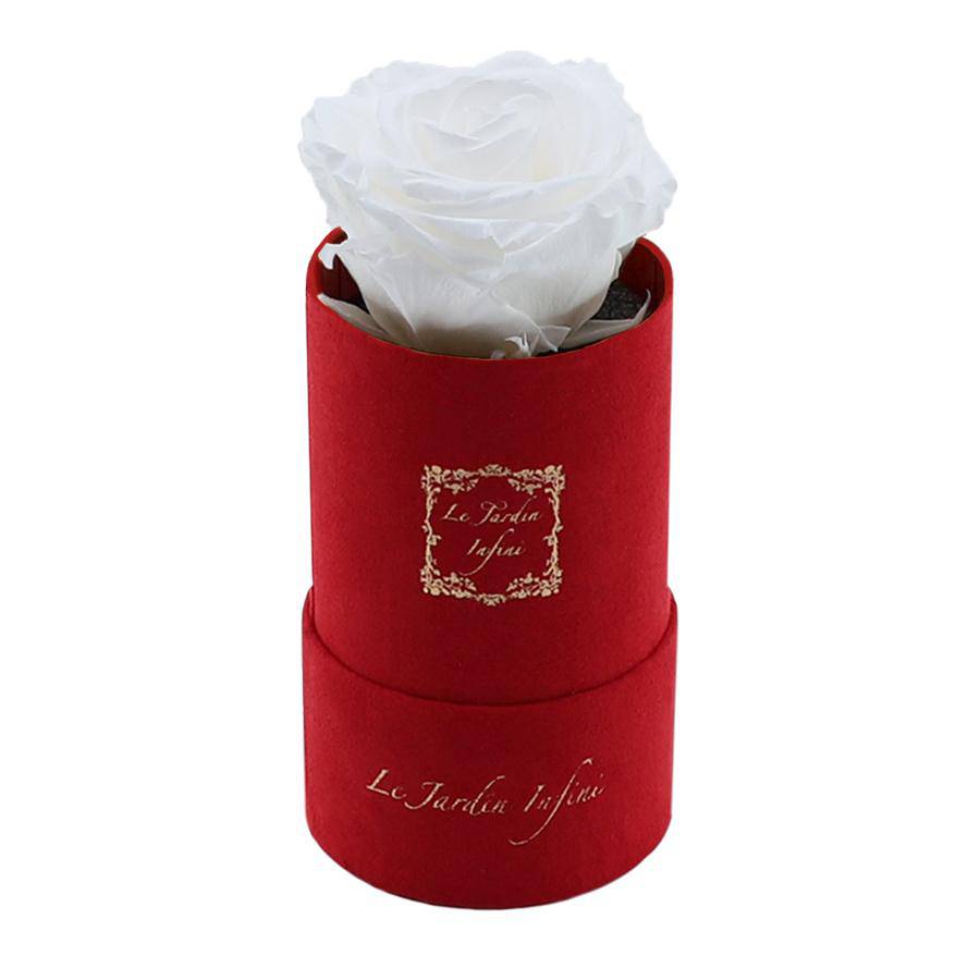 Single White Preserved Rose - Luxury Small Round Red Suede Box - Le Jardin Infini Roses in a Box
