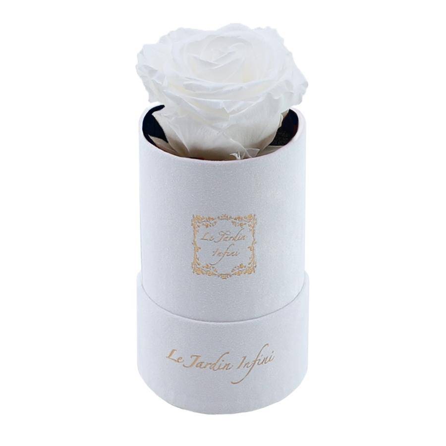 Single White Preserved Rose - Luxury Small Round White Suede Box