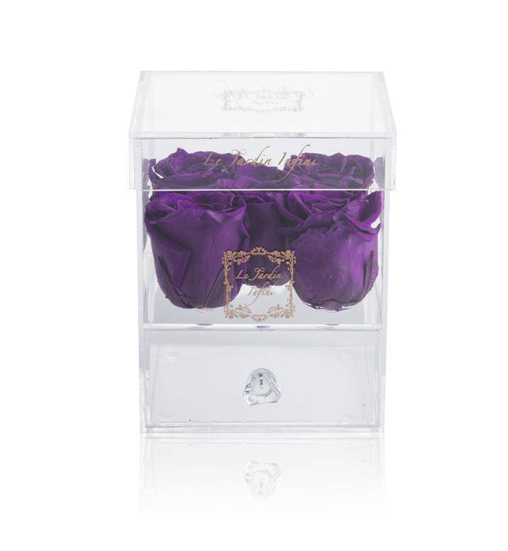 5 Purple Preserved Roses - Acrylic Box With Drawer - Le Jardin Infini Roses in a Box