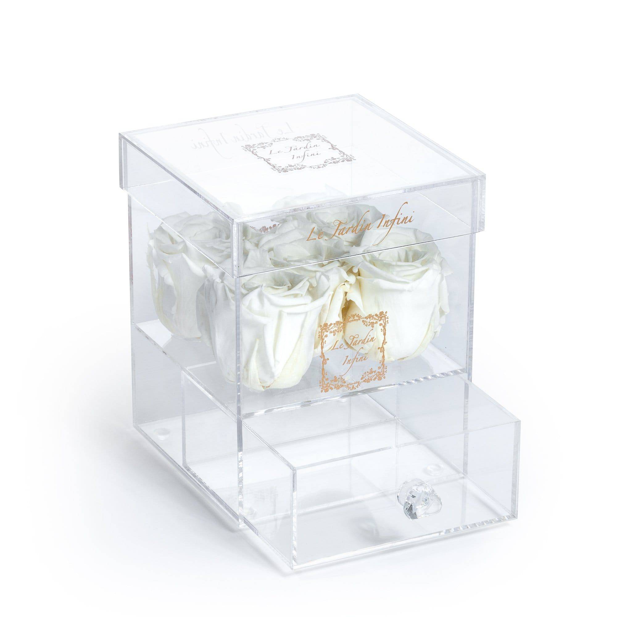 5 White Preserved Roses - Acrylic Box With Drawer - Le Jardin Infini Roses in a Box