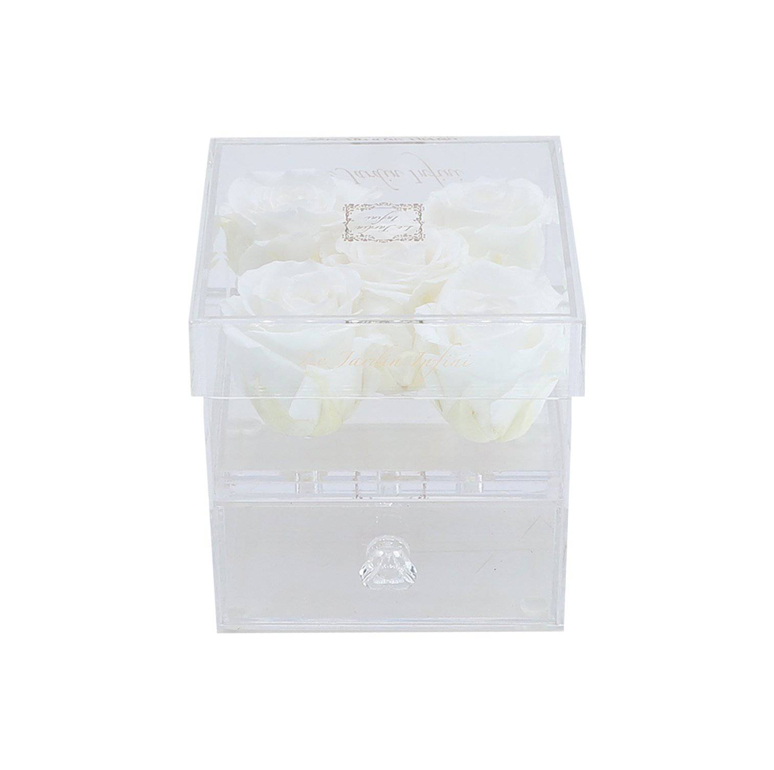5 White Preserved Roses - Acrylic Box With Drawer - Le Jardin Infini Roses in a Box