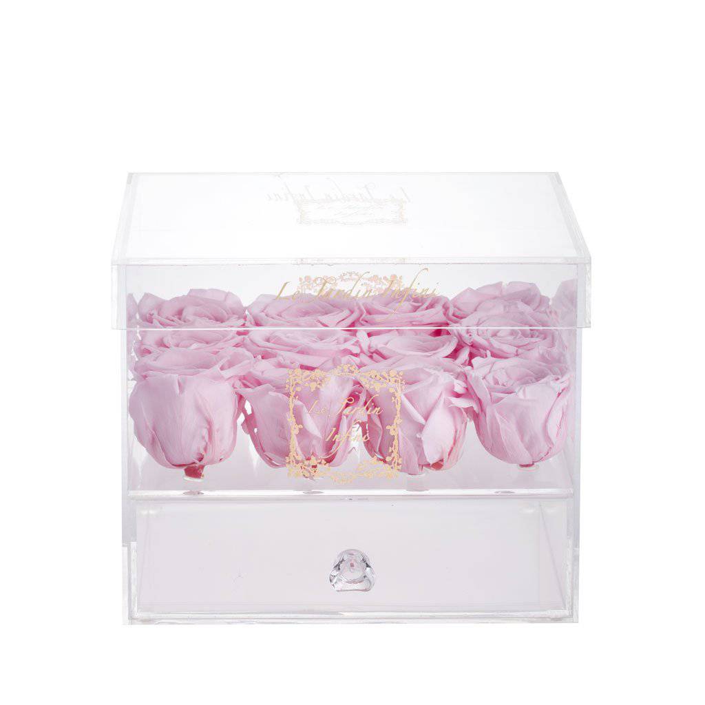 12 Pink Preserved Roses - Acrylic Box With Drawer - Le Jardin Infini Roses in a Box