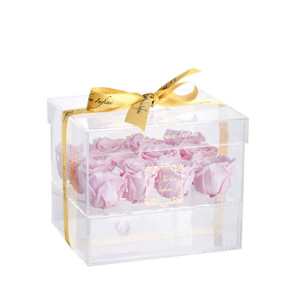 12 Pink Preserved Roses - Acrylic Box With Drawer