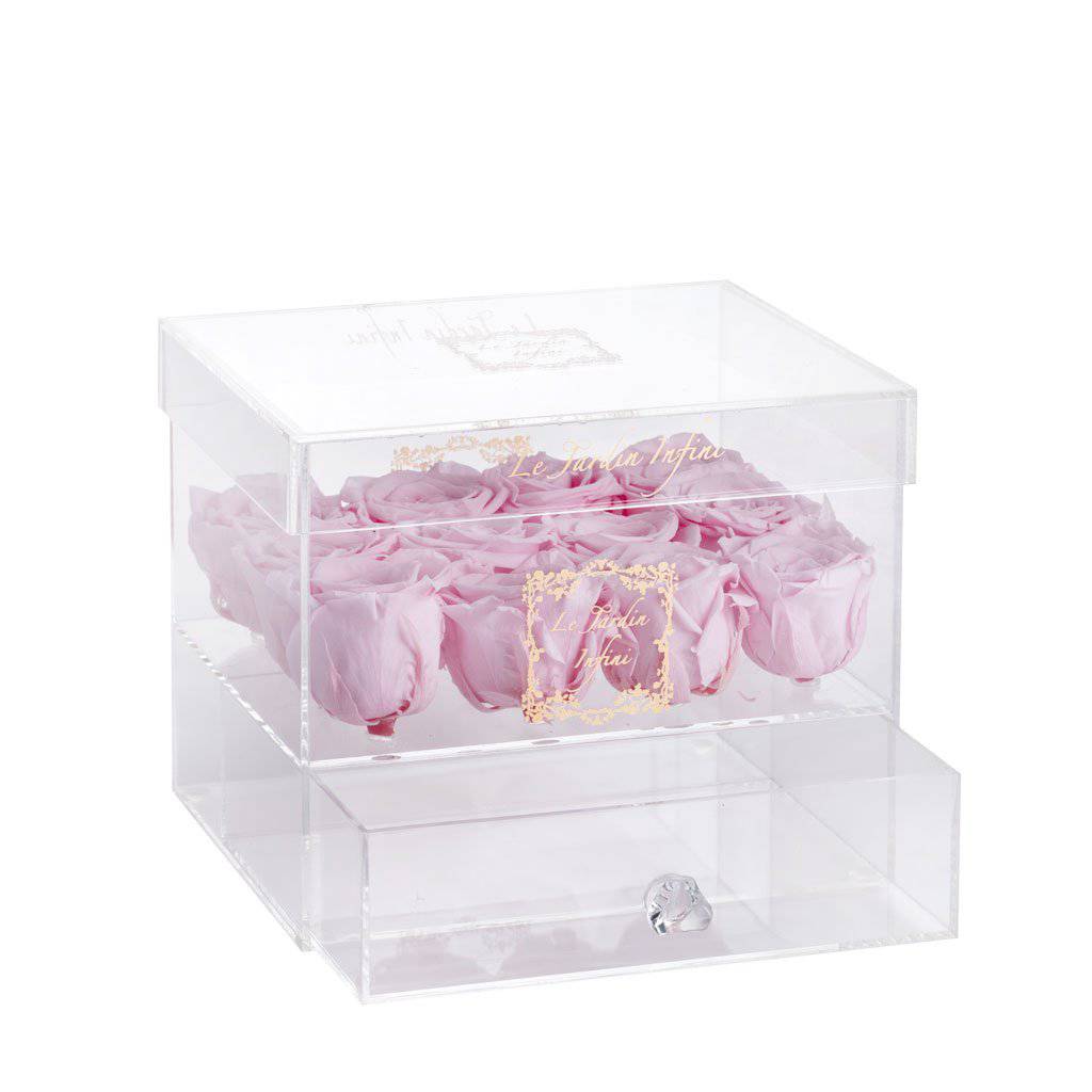 12 Pink Preserved Roses - Acrylic Box With Drawer - Le Jardin Infini Roses in a Box
