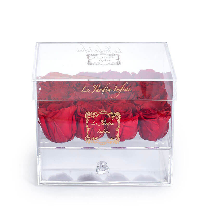 12 Red Preserved Roses - Acrylic Box With Drawer