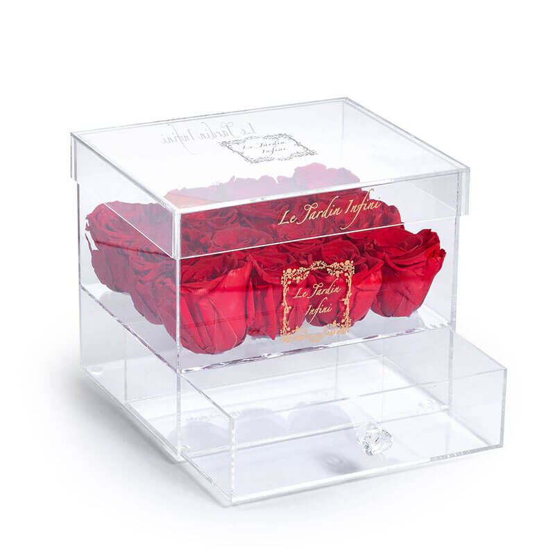 12 Red Preserved Roses - Acrylic Box With Drawer