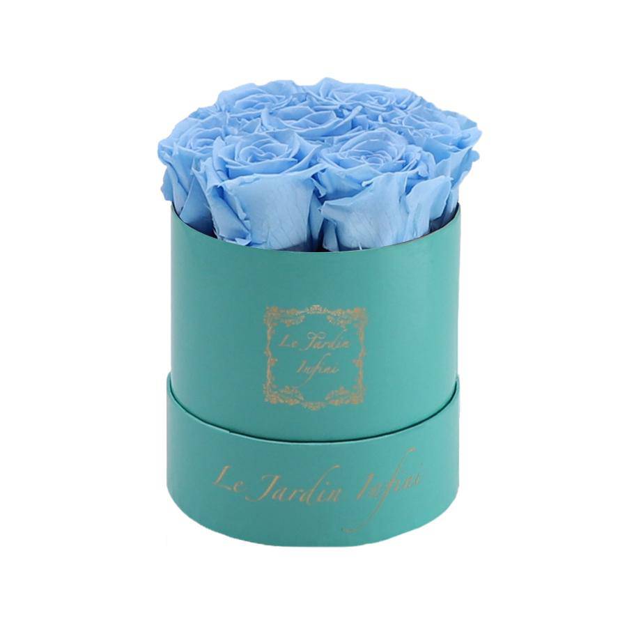 7 Baby Blue Preserved Roses - Luxury Round Shiny Turquoise Box