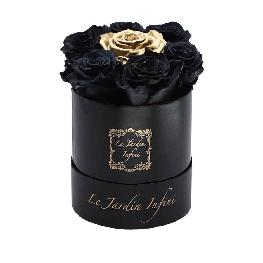 7 Black & Gold Dot Preserved Roses - Luxury Round Shiny Black Box